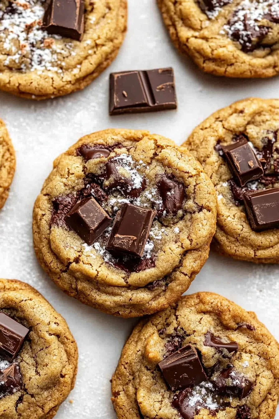 Cookies with crisp edges and gooey chocolate centers on a cooling surface.