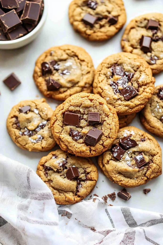 Several chewy cookies arranged on parchment with glossy chocolate pieces.