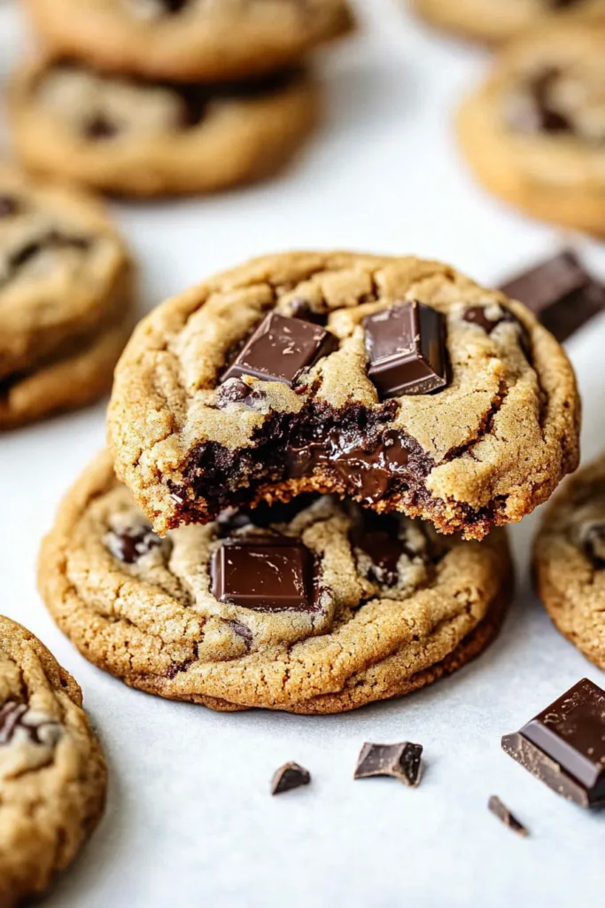 Close-up view of freshly baked cookies with melted chocolate squares.