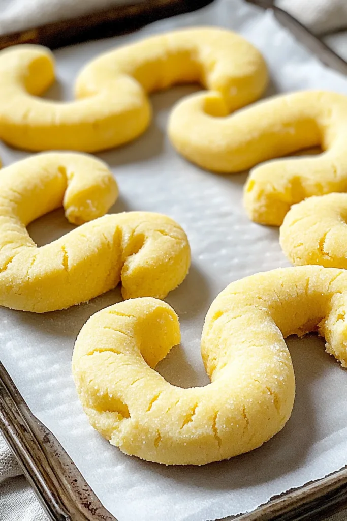 Freshly baked ring-shaped cookies with a rich buttery color cooling on parchment paper.