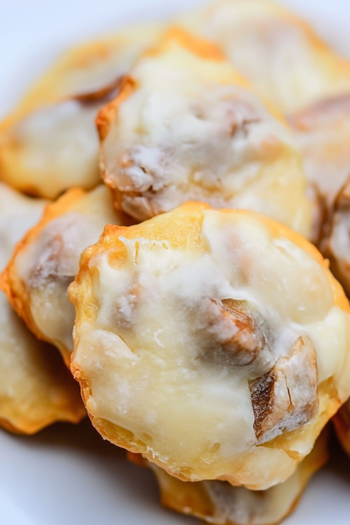 Close-up of freshly baked bite-sized cookies coated in a smooth vanilla glaze