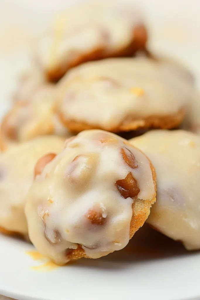 Glazed cookie bites with a soft, golden center and slightly crisp edges on a white plate