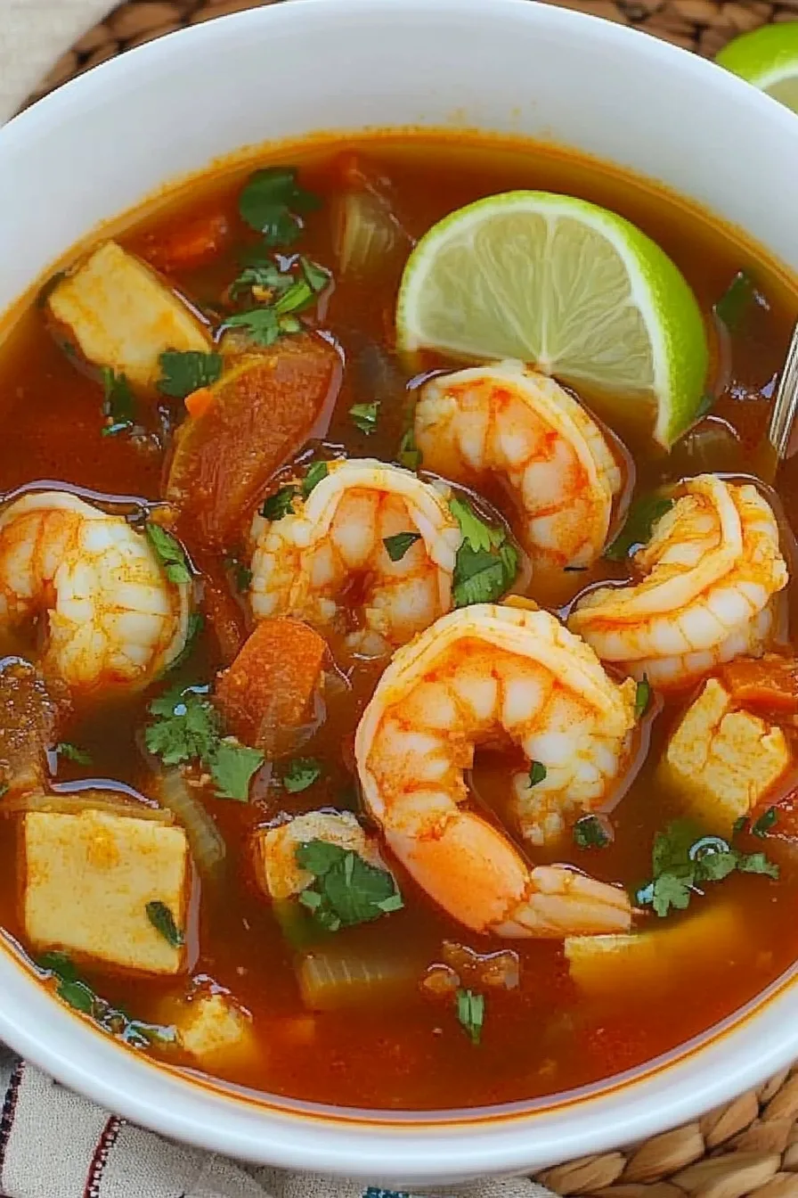 Close-up of steaming shrimp soup topped with cilantro leaves and surrounded by fresh garnishes