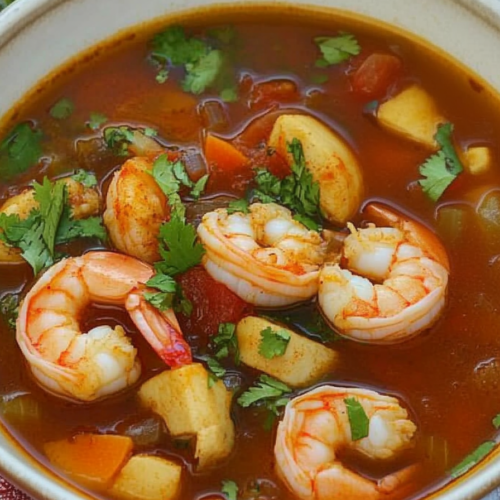 Mexican shrimp soup plated with vibrant red broth, shrimp, and diced vegetables