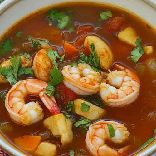 Mexican shrimp soup plated with vibrant red broth, shrimp, and diced vegetables