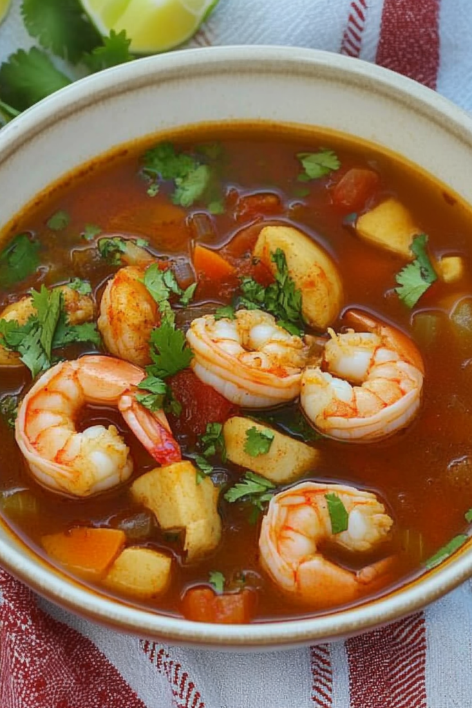Mexican shrimp soup plated with vibrant red broth, shrimp, and diced vegetables