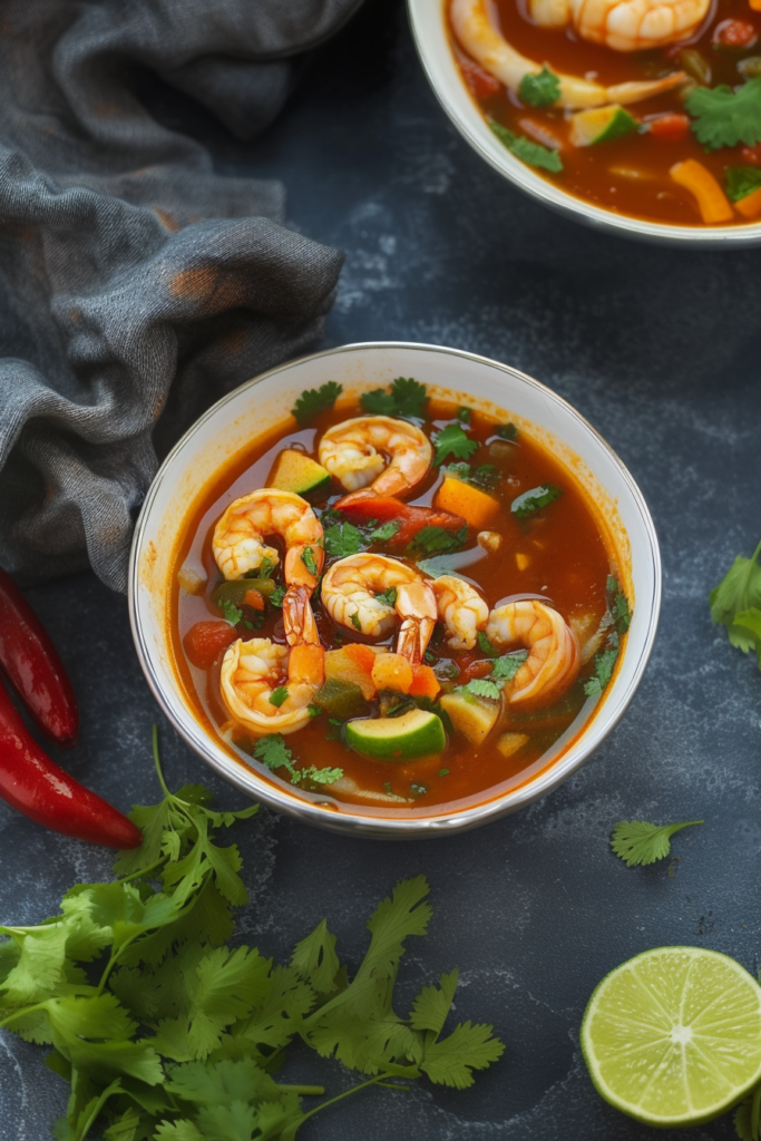 Hearty seafood soup in a white bowl, styled with lime wedges and herbs nearby