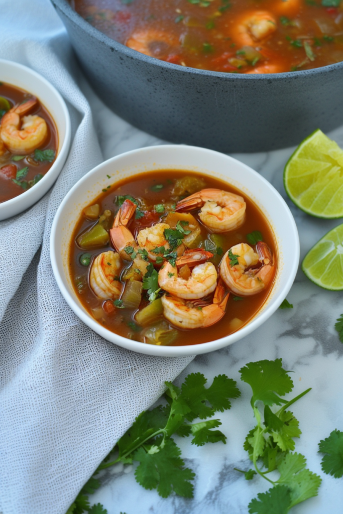Final serving of Caldo de Camarón with shrimp, vegetables, and fresh cilantro