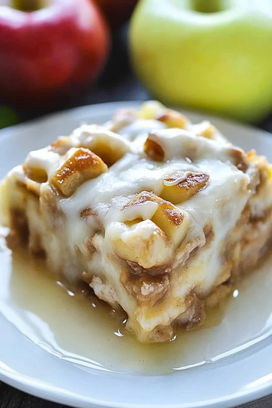 Final presentation of Caramel Apple Cinnamon Roll Lasagna garnished with extra caramel sauce