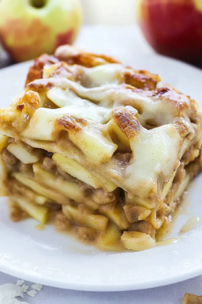Golden-baked layered cinnamon rolls with apples cooling in a casserole dish on a rustic wooden table