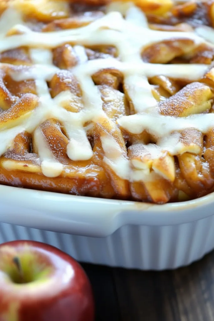 Close-up of stacked dessert layers highlighting tender apples, creamy topping, and caramel drizzle