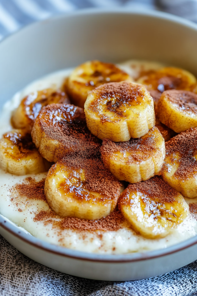 Soft cooked banana slices sprinkled with cinnamon and sugar