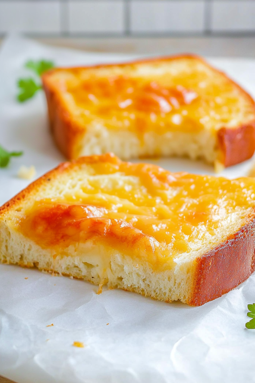 Warm, cheesy toast with browned edges, garnished subtly with parsley in the background.