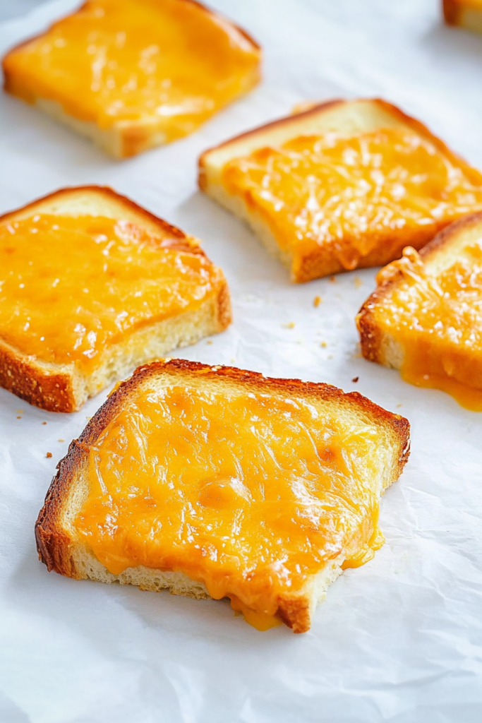 Close-up of crisp bread with gooey cheese, lightly browned and ready to serve.