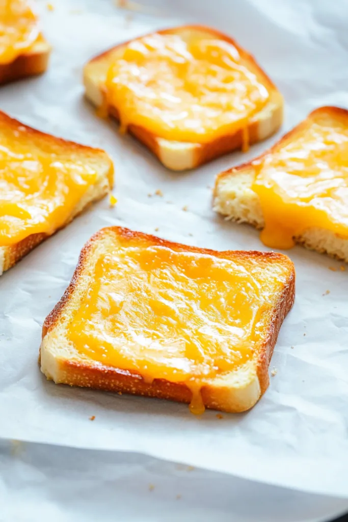 Thick slices of bread topped with golden, bubbly melted cheese on parchment paper.