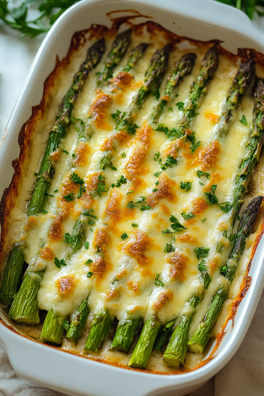 Cheesy vegetable bake with bright asparagus and browned edges fresh from the oven