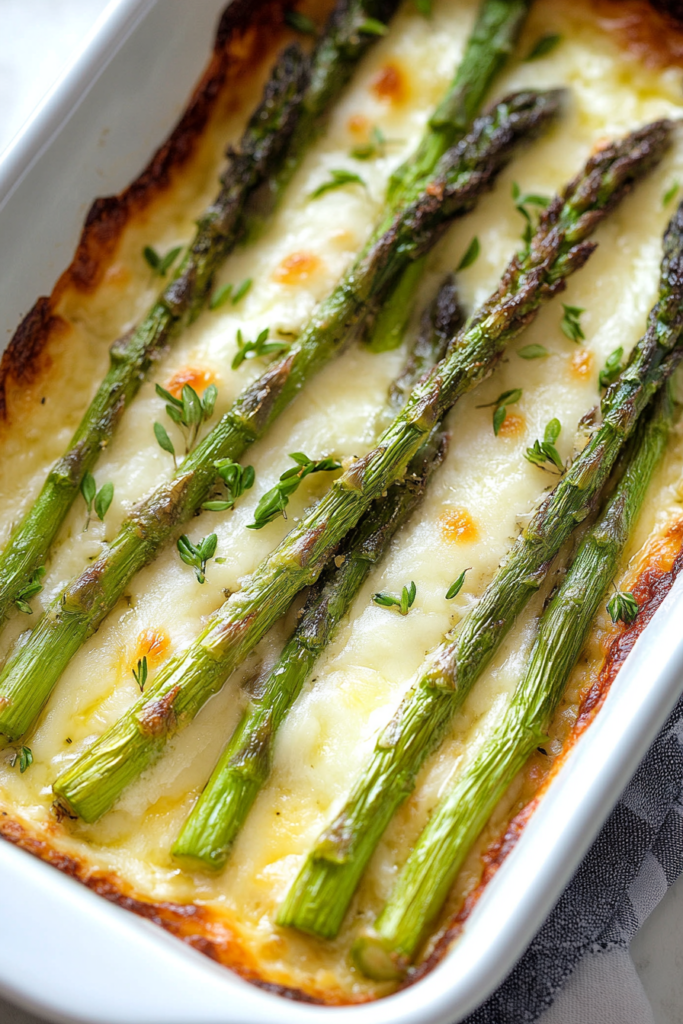 Baked asparagus spears topped with melted cheese and herbs in a casserole dish