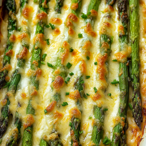Close-up of roasted asparagus layered with melted cheese and chopped chives