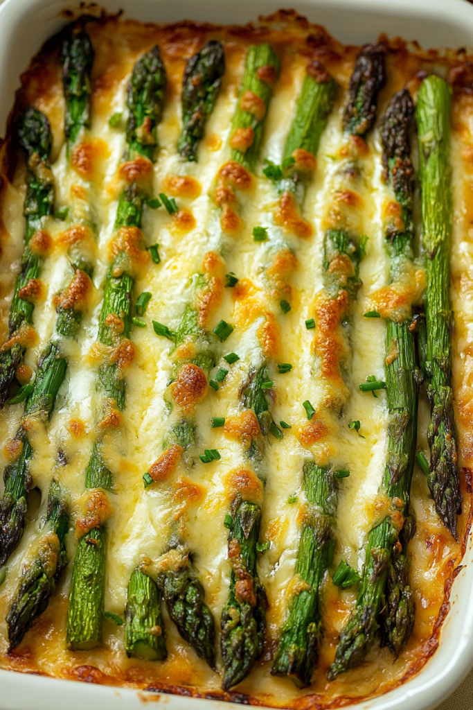 Close-up of roasted asparagus layered with melted cheese and chopped chives