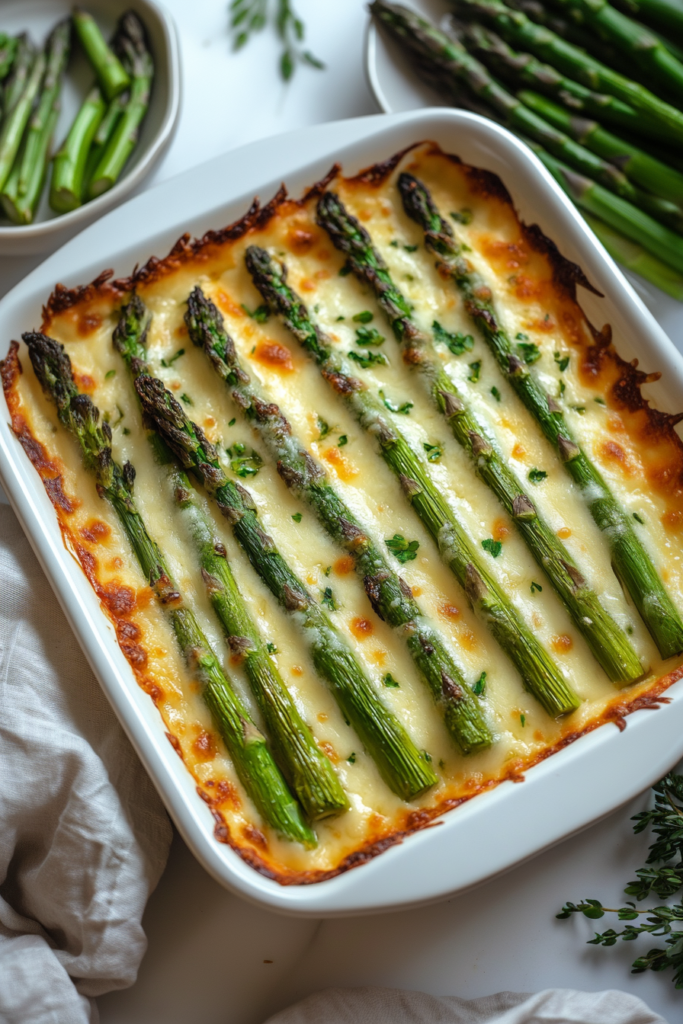 Creamy, oven-browned asparagus dish garnished with herbs and melted cheese