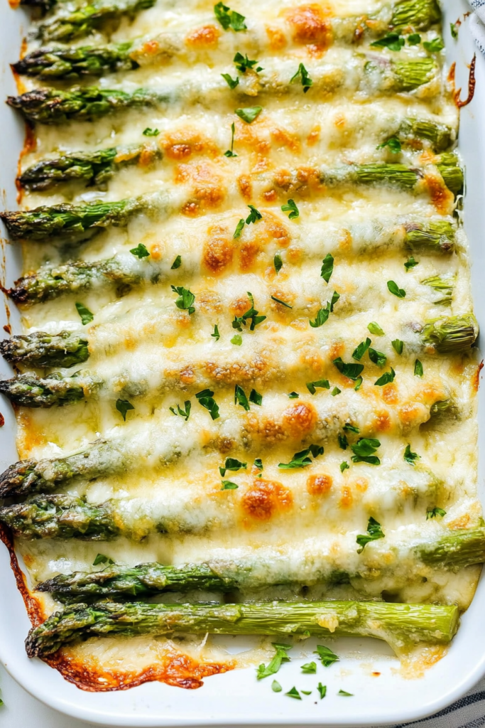 Serving dish of asparagus fresh from the oven, with gooey cheese and crisp edges.