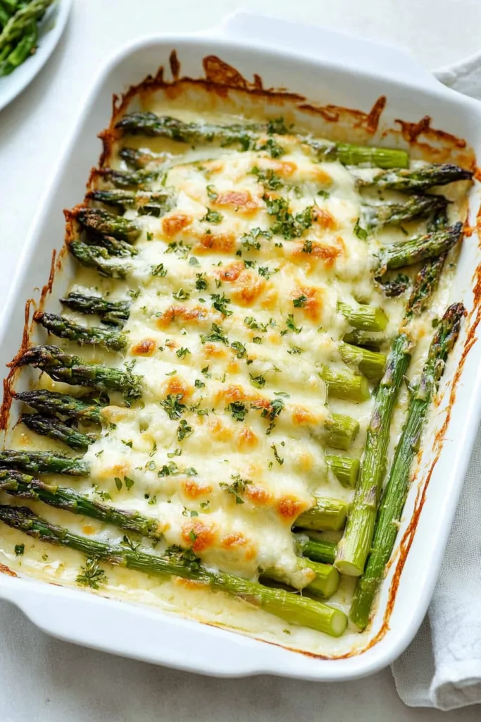 Cheesy Baked Asparagus arranged neatly in a casserole, finished with a sprinkle of herbs.