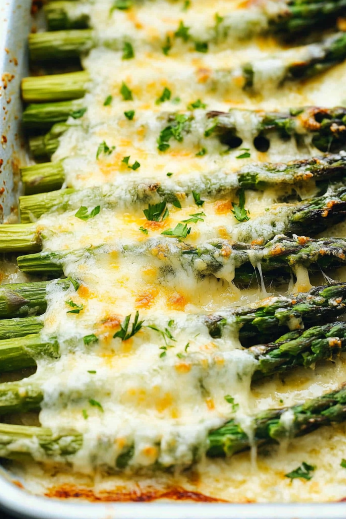 Golden melted cheese blanketing roasted asparagus spears, garnished with fresh parsley.