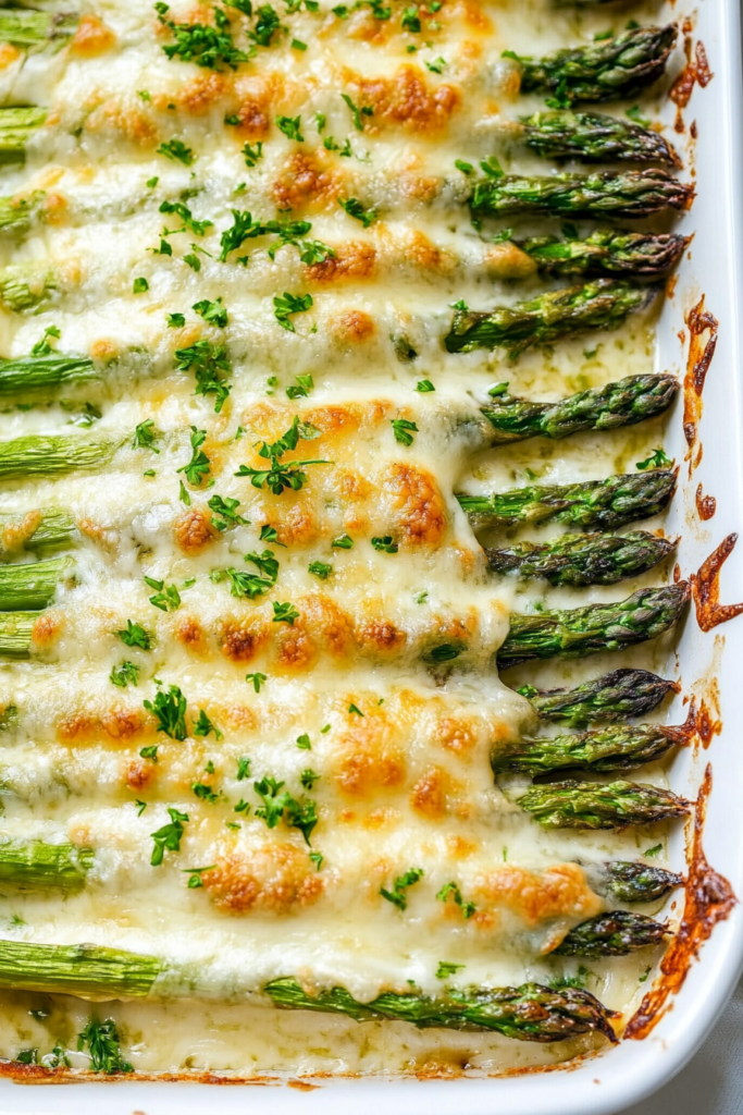 Close-up of asparagus baked until tender, topped with bubbly browned cheese.