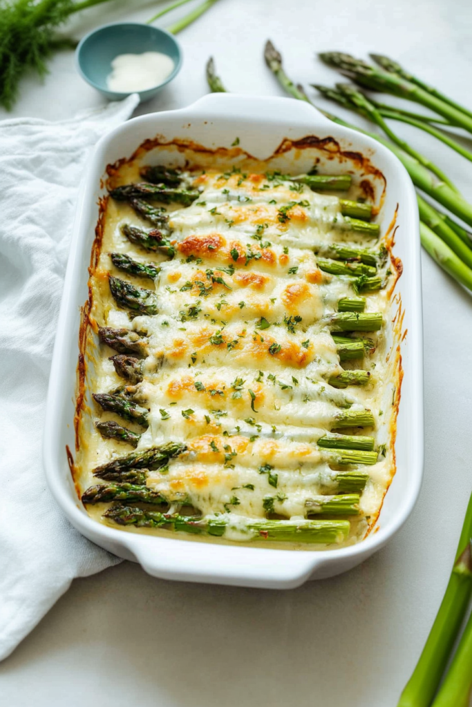 Final presentation shot showing asparagus under a rich, melted cheese layer.