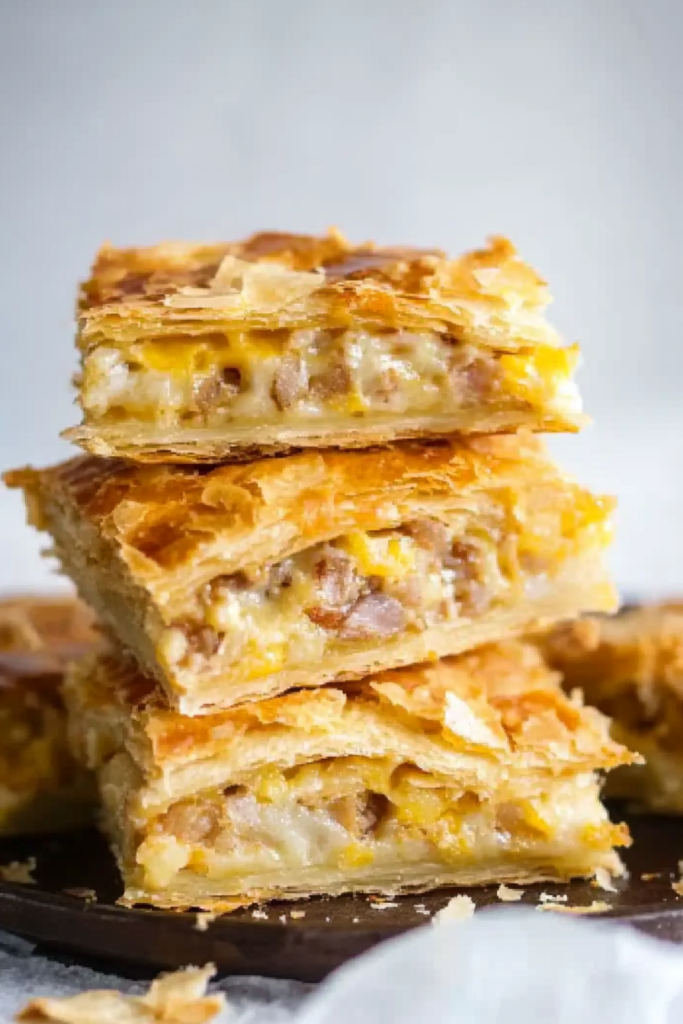 Golden puff pastry squares filled with melted cheese and eggs, stacked on a tray.