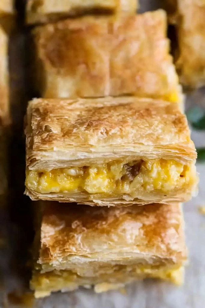 Close-up of flaky breakfast pastry showing the cheesy egg filling inside.