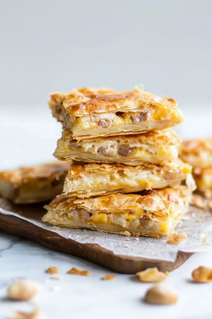 Stacked breakfast pastries with a soft, savory filling peeking through the layers.