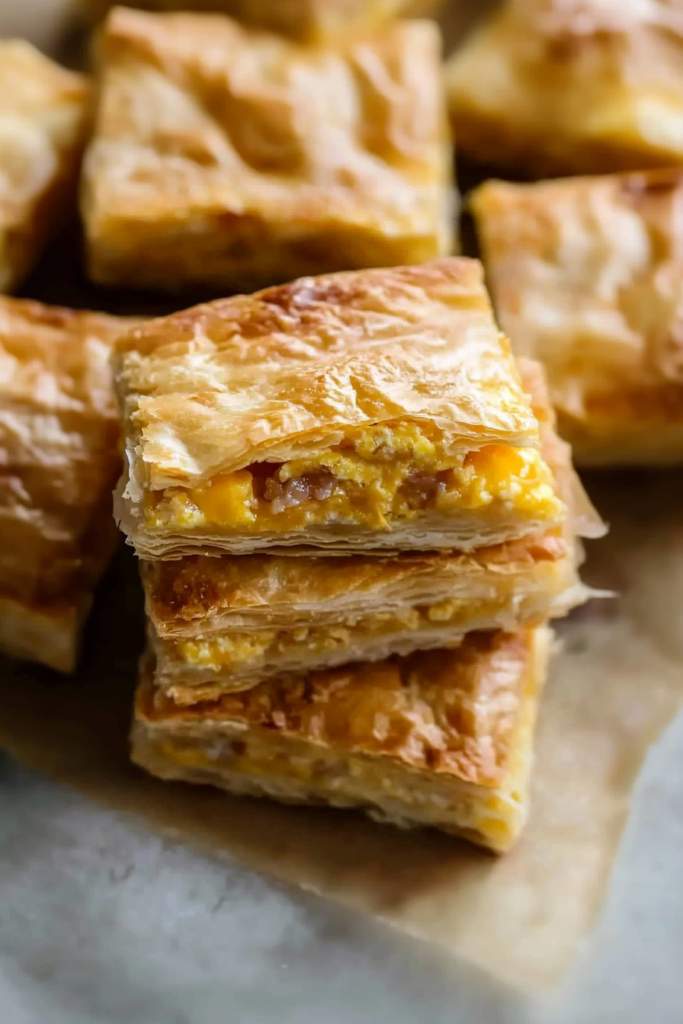 Freshly baked pastry bars sliced into squares with crisp, buttery layers.