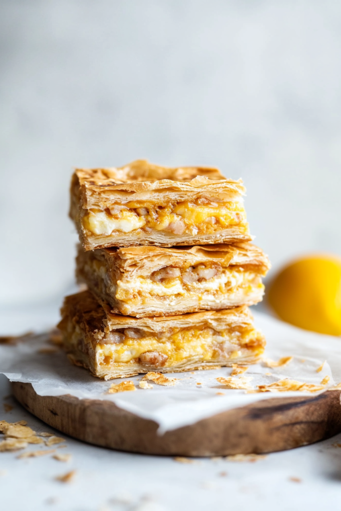 Flaky puff pastry bite with warm egg and cheese filling on a parchment-lined surface.