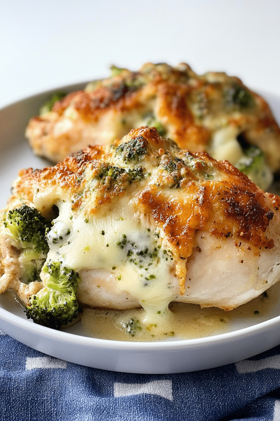 Golden baked chicken breast stuffed with broccoli and melted cheese on a white plate