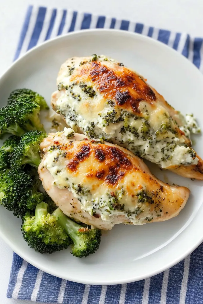 Oven-baked stuffed chicken topped with bubbly cheese and fresh broccoli florets