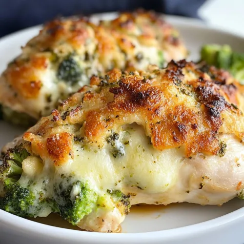 Close-up of creamy cheese and broccoli filling inside a sliced chicken breast