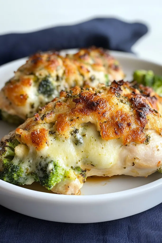 Close-up of creamy cheese and broccoli filling inside a sliced chicken breast
