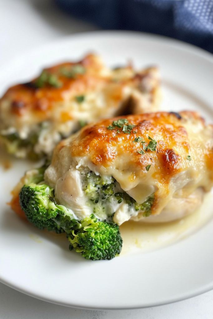 Juicy chicken breast filled with broccoli and cheese, served with creamy sauce