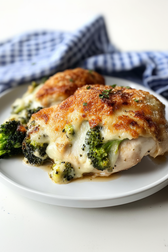 Cheesy broccoli stuffed chicken served hot with golden crust and melted center