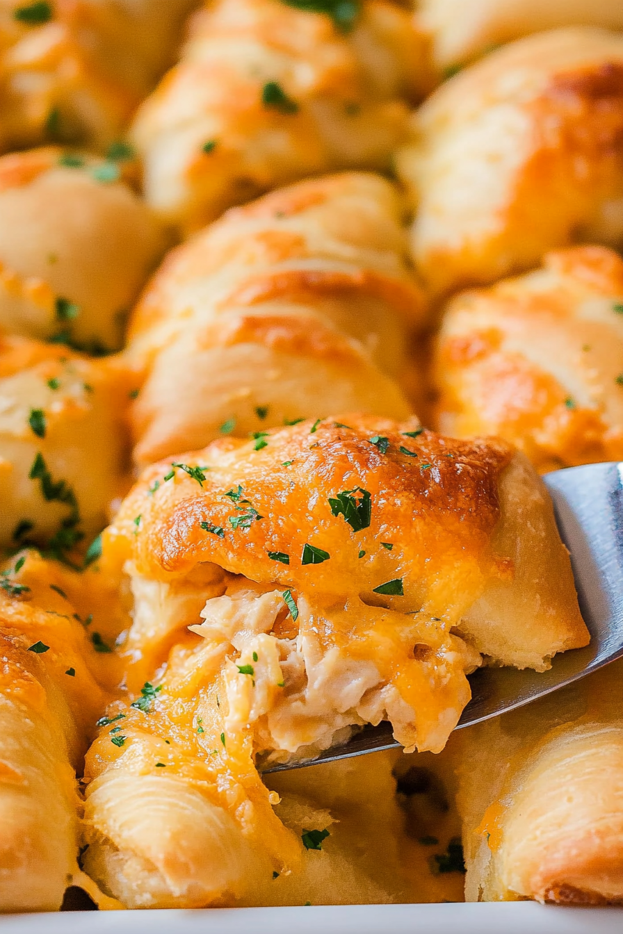 Stacked crescent rolls showing the gooey, savory chicken and cheese inside.