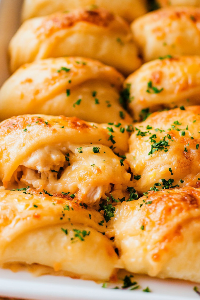 Golden crescent rolls fresh from the oven, filled with creamy chicken and topped with parsley.