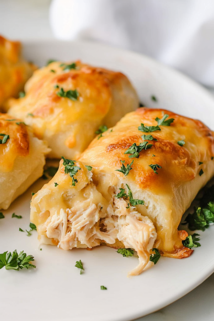 Close-up of a flaky roll split open to reveal a cheesy chicken filling.