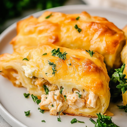 Cheesy Chicken Crescent Rolls Recipe plated and ready to serve, garnished with fresh herbs.