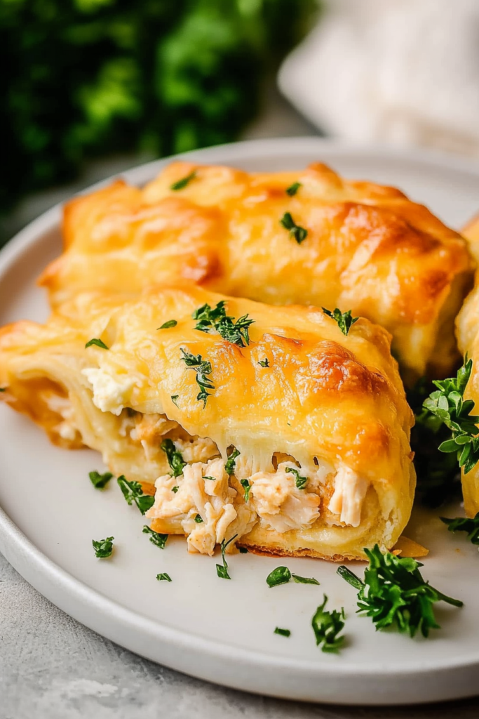 Cheesy Chicken Crescent Rolls Recipe plated and ready to serve, garnished with fresh herbs.