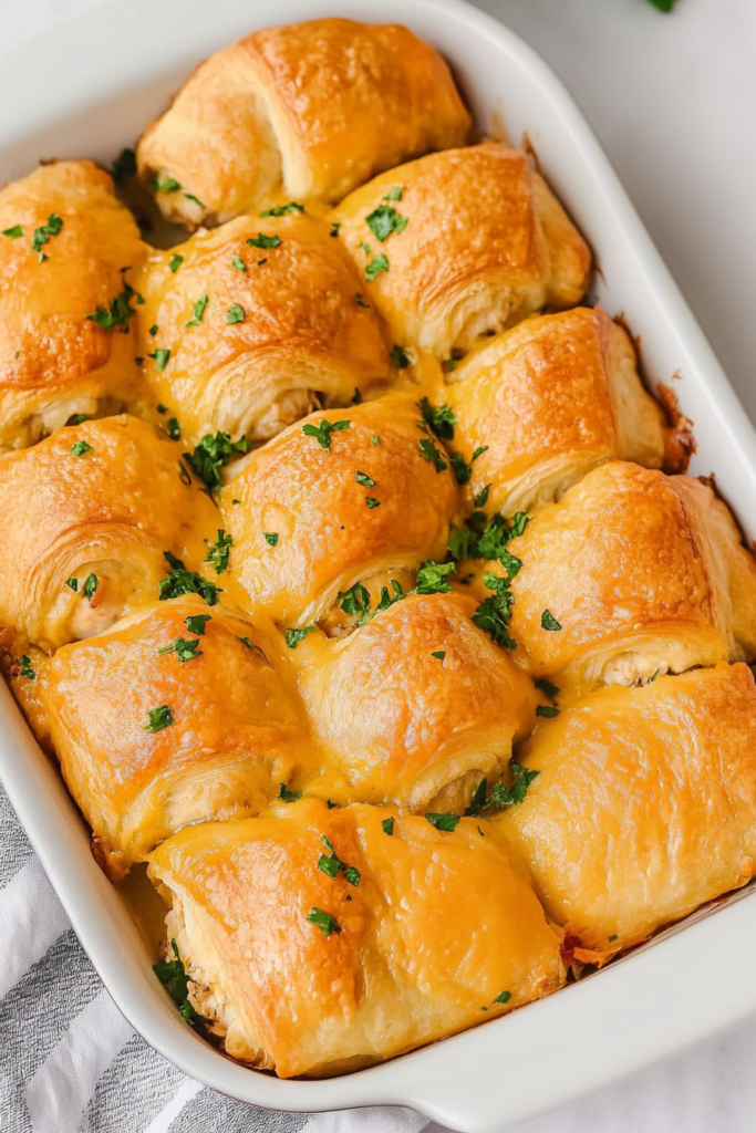 Tray of warm crescent rolls arranged neatly, their golden crust glistening.