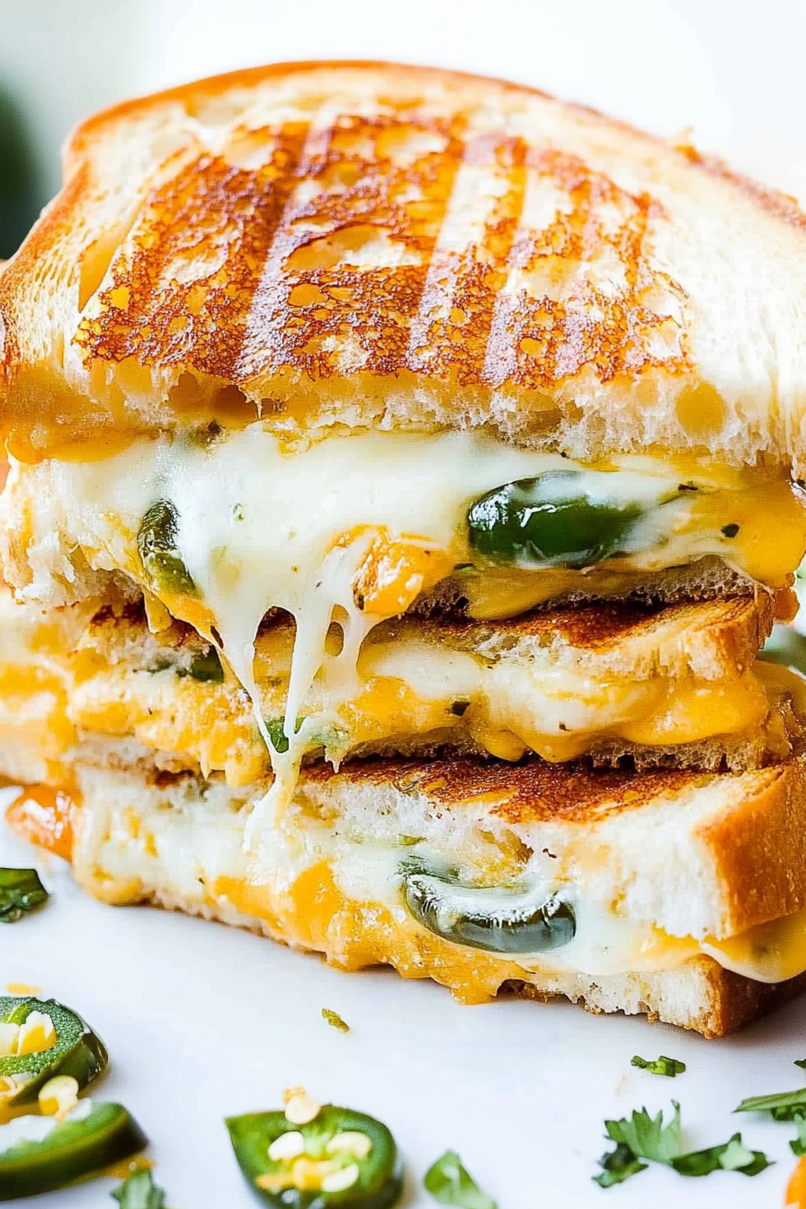 Stacked grilled cheese halves with golden-brown bread, gooey melted cheese, and sliced jalapeños peeking through.