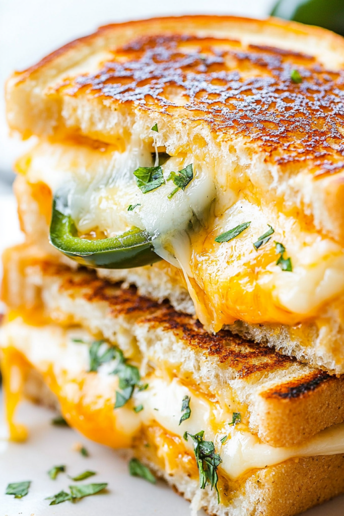 Close-up of a crispy sandwich filled with creamy cheese blend and spicy jalapeño slices.