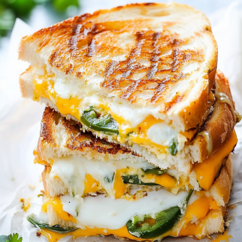 Hearty grilled cheese cut in half, showing layers of melted cheddar, cream cheese, and jalapeños.