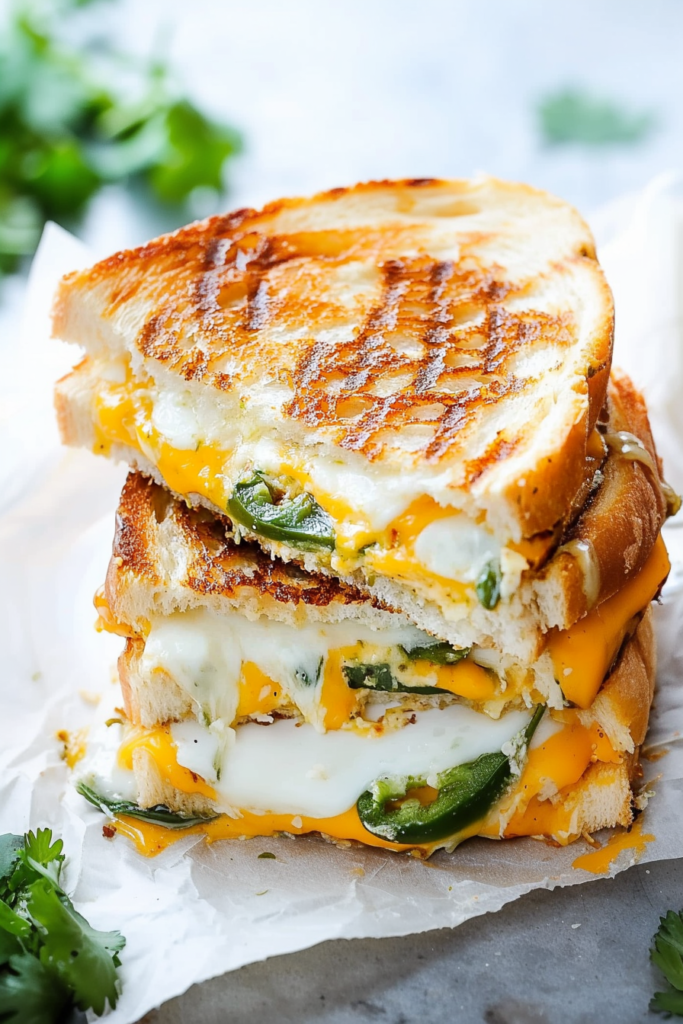 Hearty grilled cheese cut in half, showing layers of melted cheddar, cream cheese, and jalapeños.